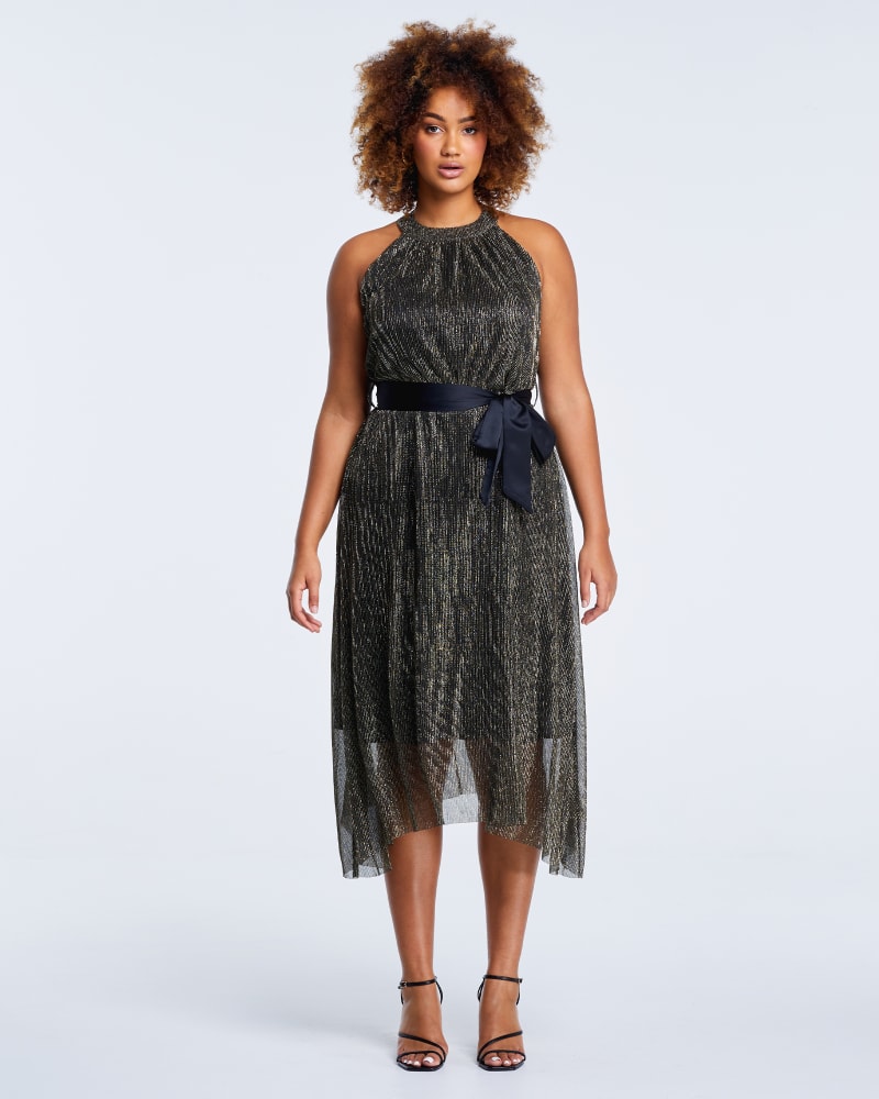 Front of a model wearing a size 4X Gloria Belted Dress in Black/Gold by Estelle. | dia_product_style_image_id:249869